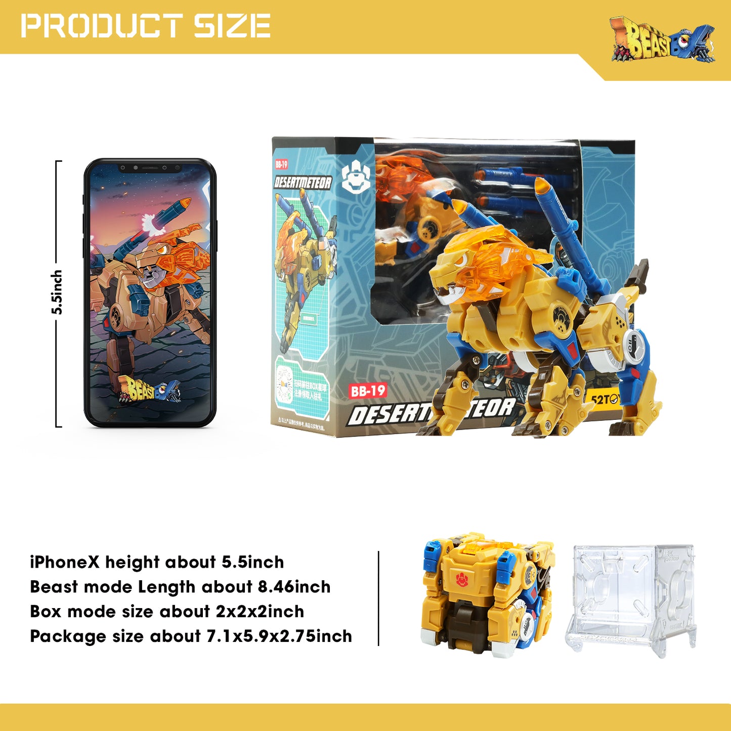 52TOYS BEASTBOX BB-19 Desertmeteor Lion Deformation Toys Action Figure, Transforms in Mecha and Cube