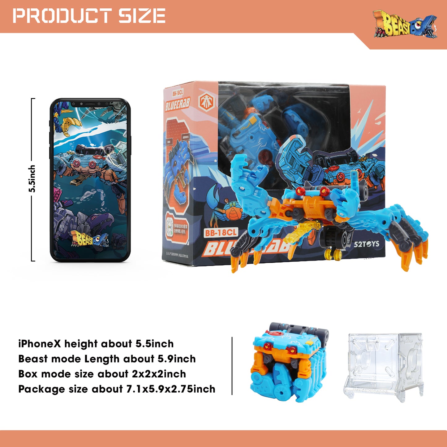 52TOYS BEASTBOX BB-18CL Blue Crab Deformation Toys Action Figure, Transforms in Mecha and Cube