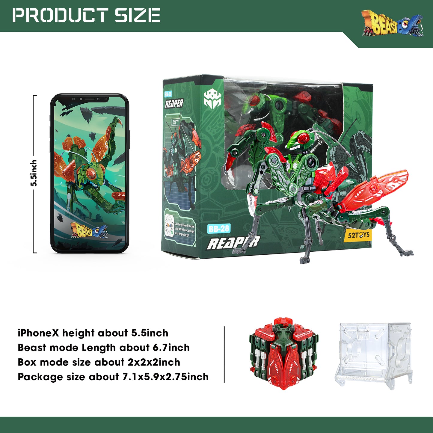52TOYS BEASTBOX BB-28 REAPER Mantis Deformation Toys Action Figure, Transforms in Mecha and Cube